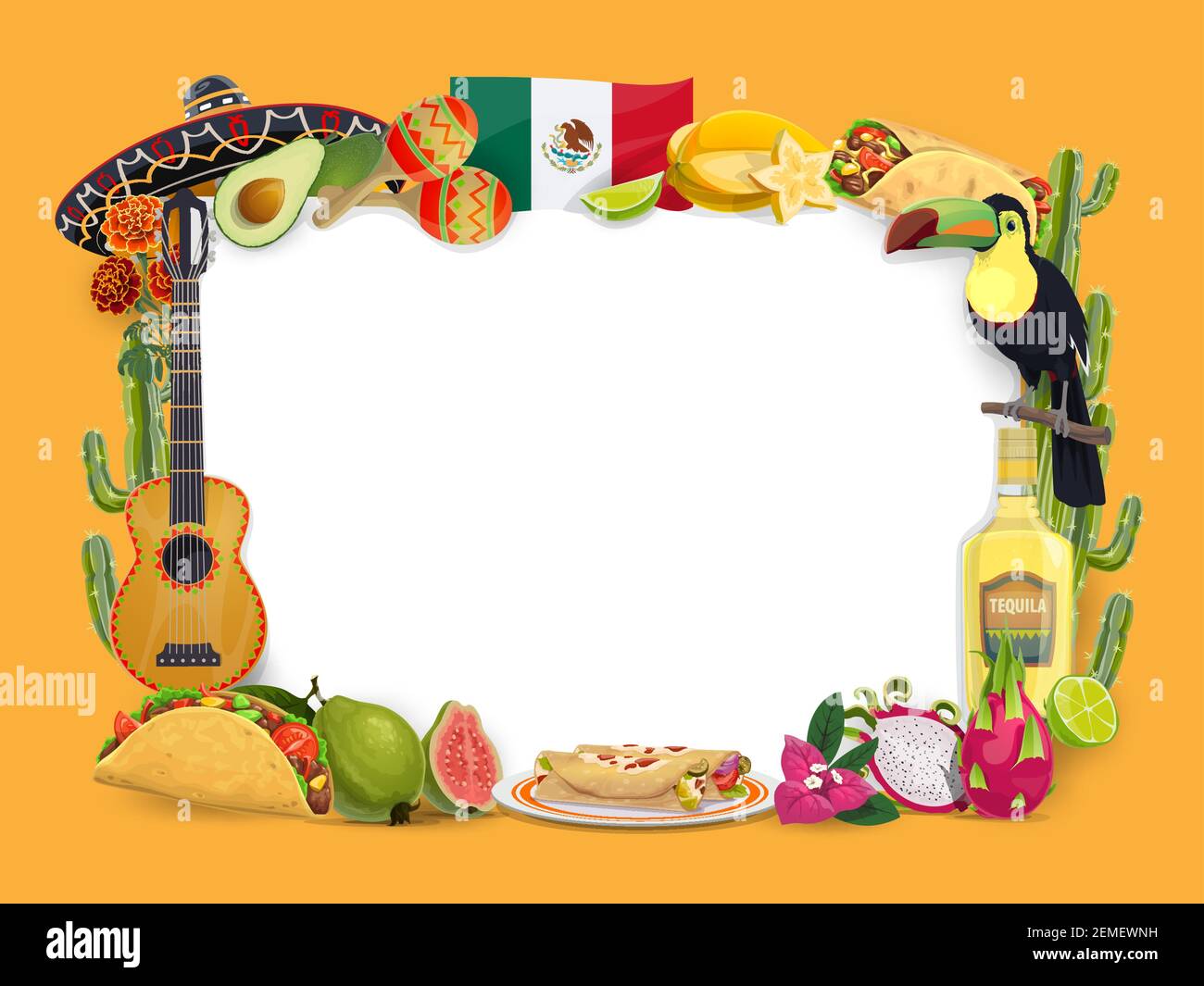 Cinco de Mayo Vector Frame, vacanze messicane. Confine festivo con Messico cibo e bevande taco, enchilados e tequila con lime. Sombrero, chitarra e to Illustrazione Vettoriale