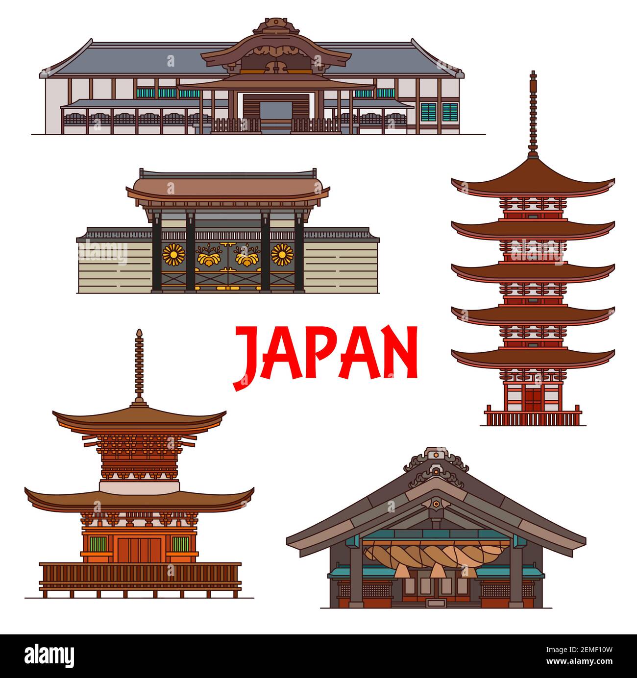 Templi giapponesi, pagode e santuari, edifici vettoriali giapponesi. Izumo-taisha o Izumo Oyashiro Shinto santuario, Daigo-ji Sampo-in tempio a Kyoto e Hon Illustrazione Vettoriale