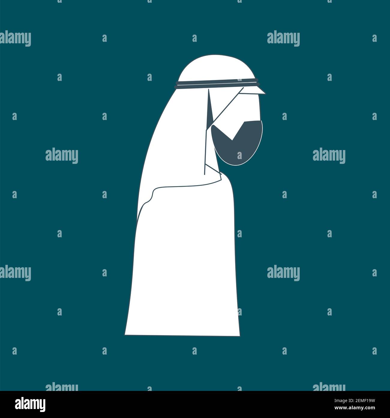 Uomo arabo che indossa maschera design piatto, uomo arabo con Shumakh design piatto, UN uomo Saudita icona che indossa shemagh e un thobe Illustrazione Vettoriale