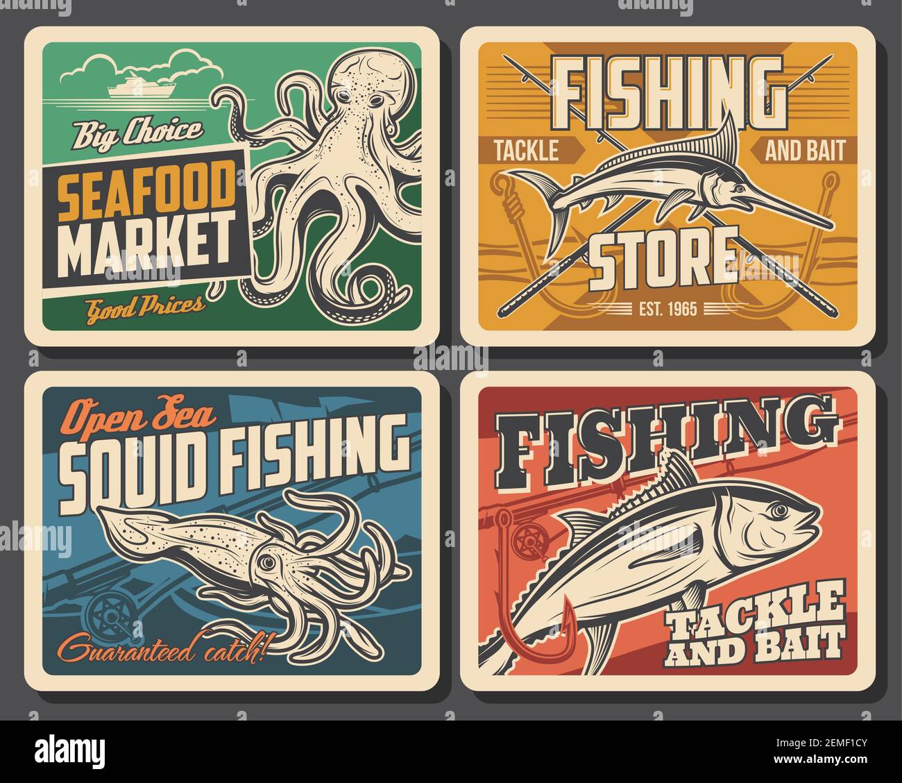 Poster retrò per il tonno, il marlin, il calamaro e il polpo. Mercato di pesce o produzione di ristoranti. Attività di club di pesca, attrezzatura di negozio attrezzatura, und Illustrazione Vettoriale