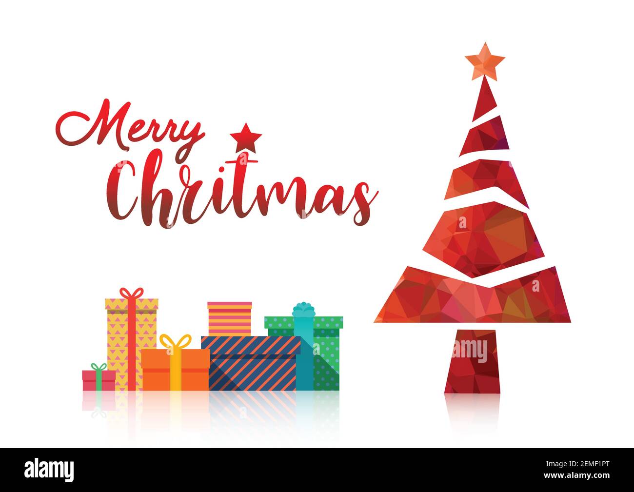 Buon natale e felice anno nuovo fantasia albero rosso di Natale in stile Hipster basso poly triangolo. Scatole regalo bella scatola regalo con arco. Vettore EPS10. Illustrazione Vettoriale