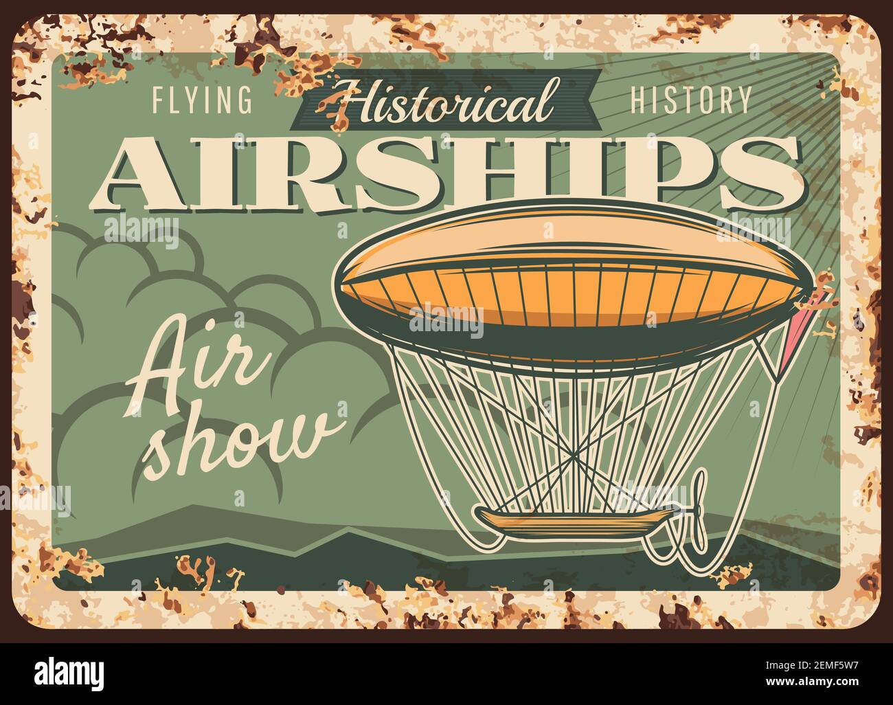 I velieri mostrano una piastra metallica arrugginita, vettore dirigible volare in cielo che esegue l'aria mostra il segno di ruggine stagno. Vintage zeppelin storico museo invito retro Illustrazione Vettoriale