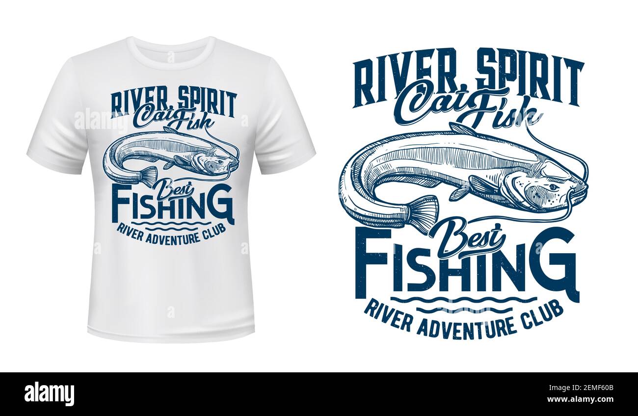 Pesce gatto con lunghi barbelli t-shirt stampa vettoriale. Illustrazione e tipografia incise del pesce gatto d'acqua dolce. Pesca sul fiume sport club abbigliamento personalizzato prin Illustrazione Vettoriale