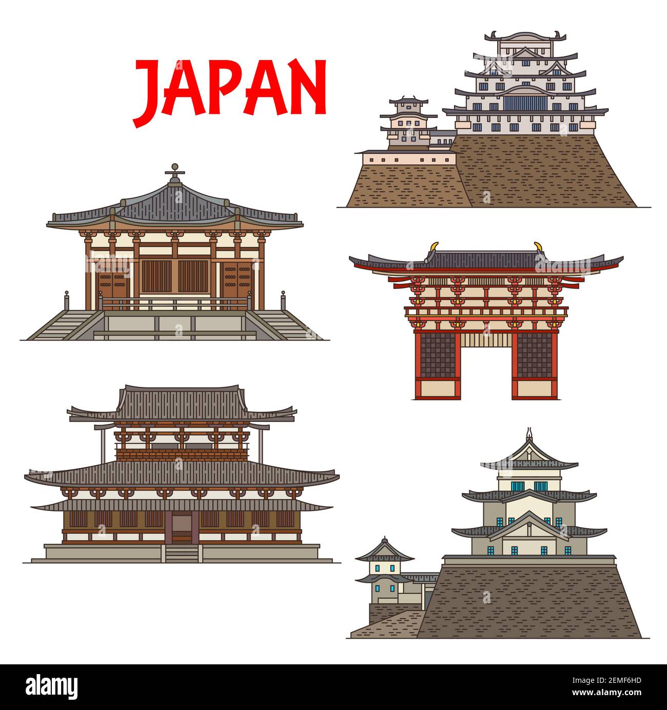 Templi giapponesi, santuari e pagode del Giappone a Osaka, IgA e Himeji, monumenti di architettura vettoriale. Shitenno-ji tempio buddista, White Heron o Hi Illustrazione Vettoriale