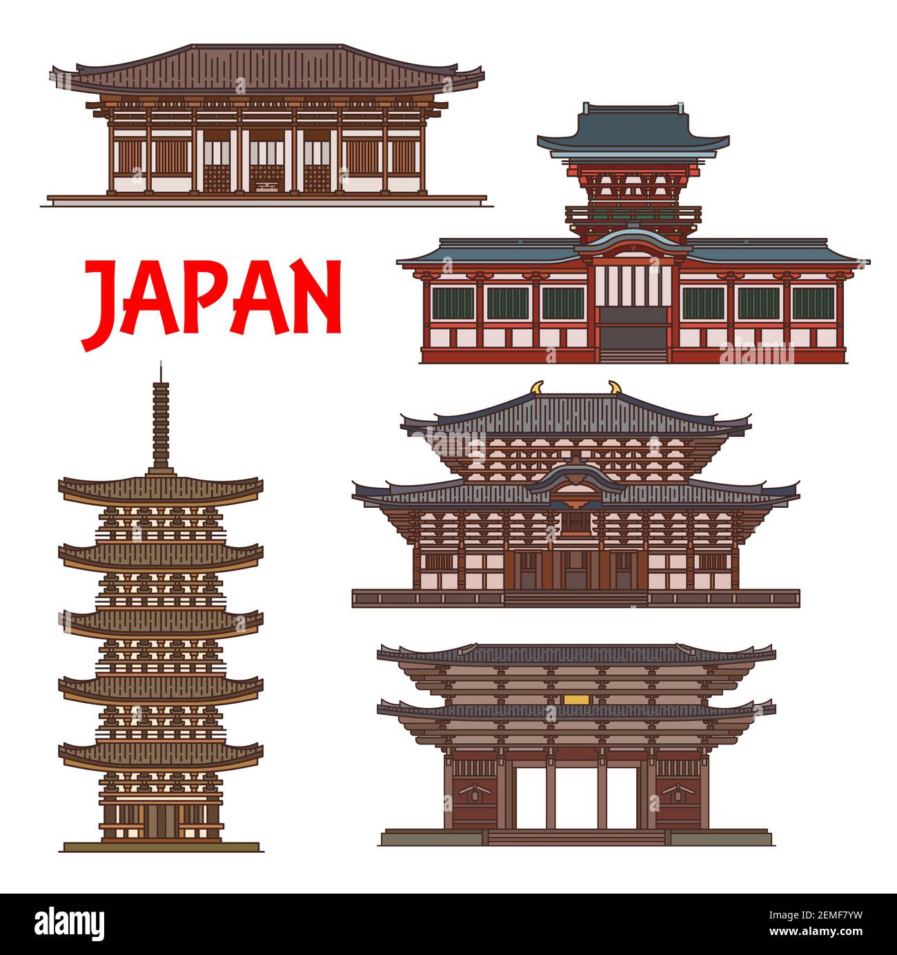 Templi giapponesi e santuari pagode, Giappone Nara Buddismo architettura vettore punti di riferimento. Todaiji e Kofukuji Shinto pagoda torre, Kasuga Grande Santuario Illustrazione Vettoriale