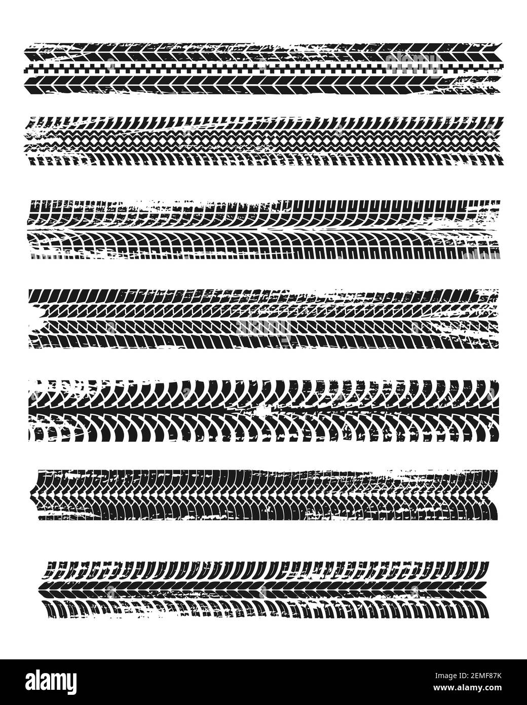 Stampe di pneumatici, pista nera di pneumatici auto, segni vettoriali grunge isolati. Pista ciclabile, veicolo, trasporto ruote sporche traccia. Pneumatici in gomma stampe, automobi Illustrazione Vettoriale