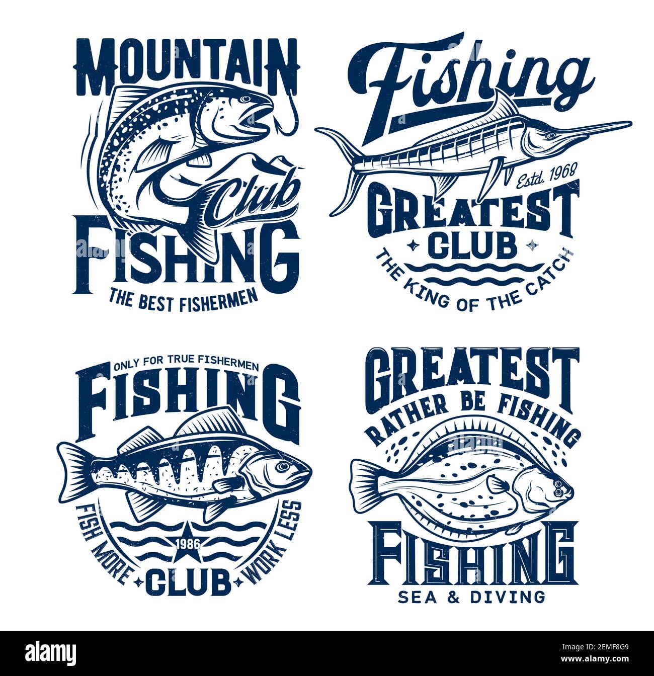 Set di stampe per t-shirt sportive da pesca. Salmone vettoriale, persico, passera e marlin, mascotte per il club di avventura in mare. Emblema Nautic grunge t-shirt, sport oceanici Illustrazione Vettoriale