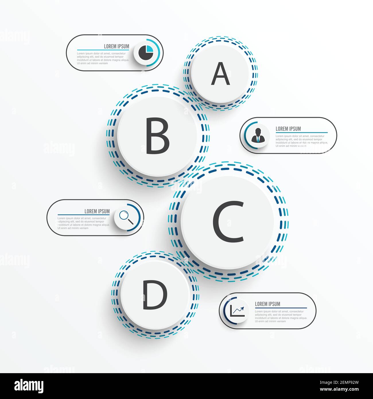 Elementi astratti del modello infografico grafico con etichetta, cerchi integrati. Concetto di business con 4 opzioni. Per contenuto, diagramma, diagramma di flusso, fase Illustrazione Vettoriale