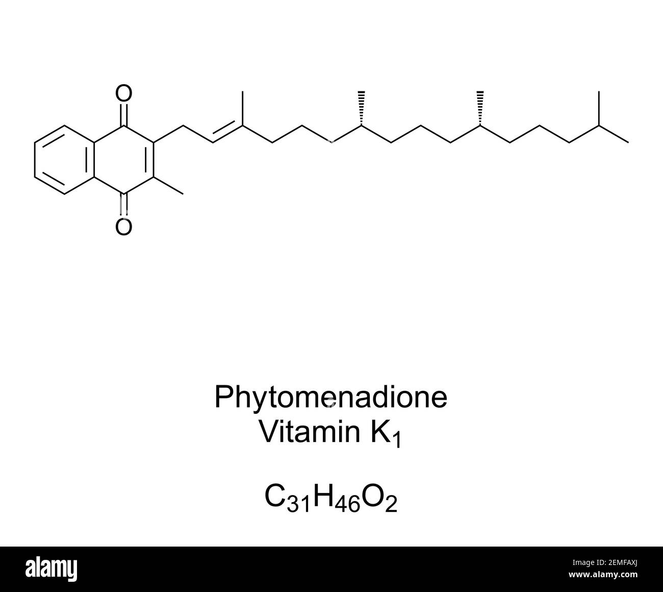 Phytomenadione, Vitamina K1, fillochinone, formula chimica e struttura scheletrica. Anche il fitonadione, presente negli alimenti e utilizzato come integratore alimentare. Foto Stock