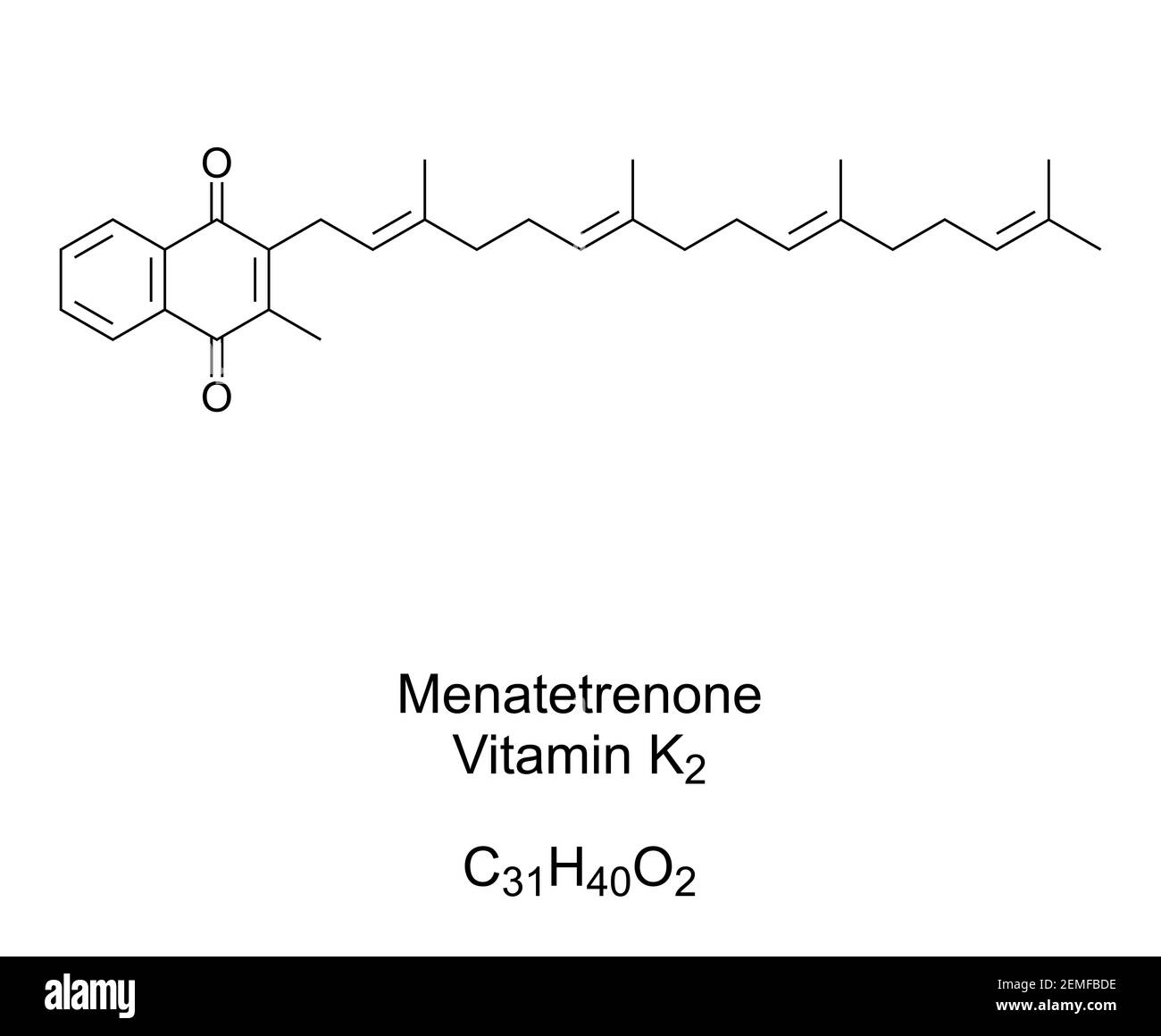 Menatetrenone, vitamina K2, menaquinone, formula chimica e struttura scheletrica. Noto anche come MK-4, è una delle 9 forme di vitamina K2. Foto Stock
