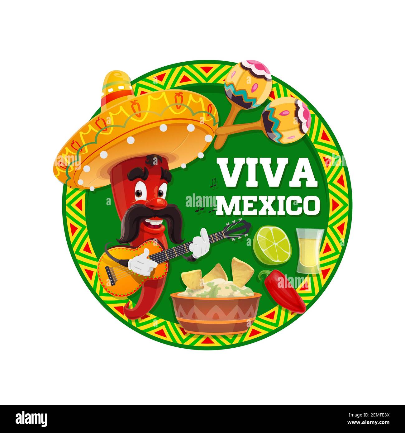 Viva Messico cartoon vettore di peperoncino rosso carattere con sombrero  messicano cappello, chitarra e maracas, festa di festa avocado guacamole,  nachos, jalap Immagine e Vettoriale - Alamy