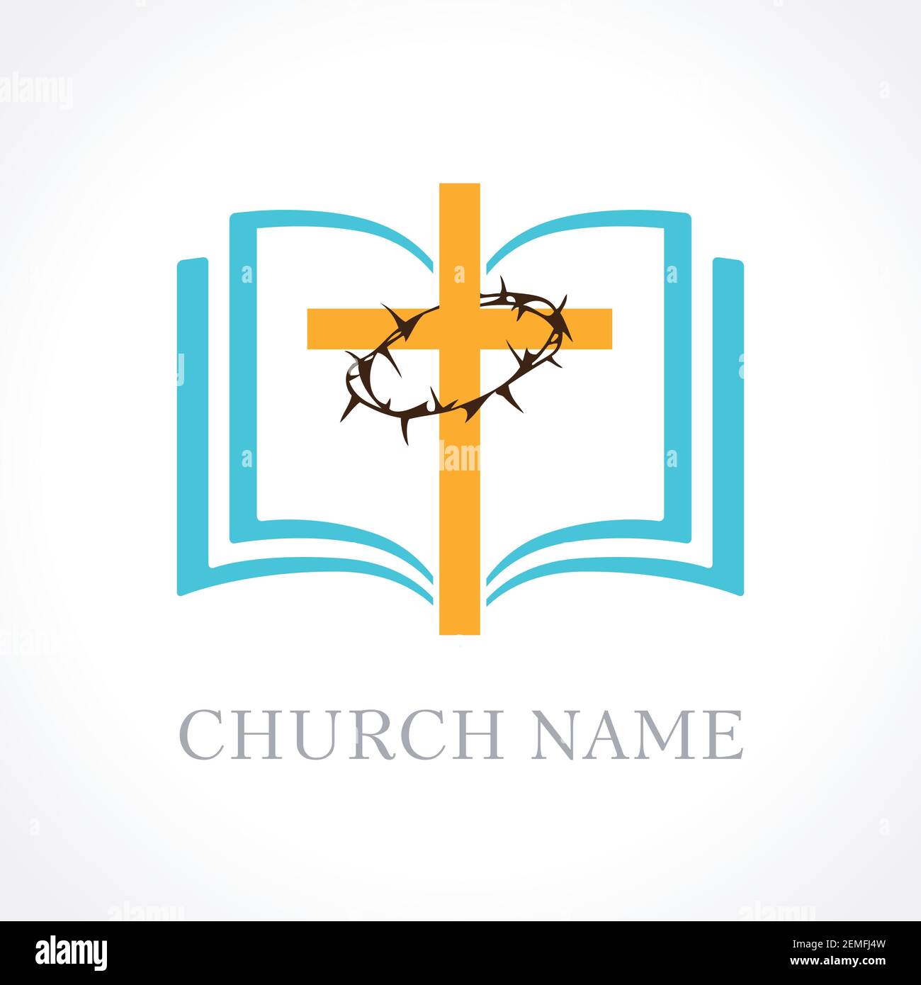 Croce bibbia chiesa logo. Logo modello per la chiesa in forma di croce e una corona di spine e la bibbia aperta Illustrazione Vettoriale