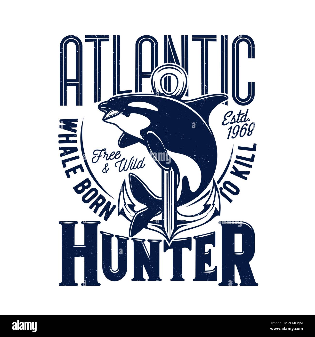 Stampa tshirt killer balena, mascotte vettoriale per pesca o club marino, orche predatore di mare modello di grunge animale, atlantica cacciatore di tipografia blu. Oceano Illustrazione Vettoriale