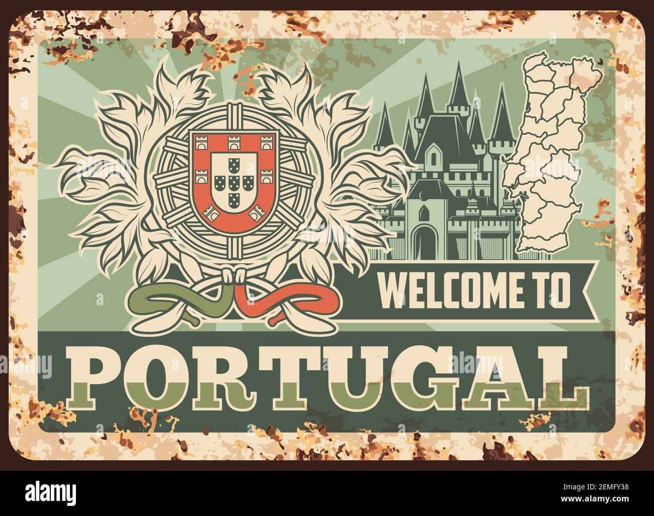 Portogallo arrugginito piatto di metallo, vettore tino ruggine vintage segno con portoghese nazionale stemma, architettura antica edificio e mappa. Benvenuti al Porto Illustrazione Vettoriale