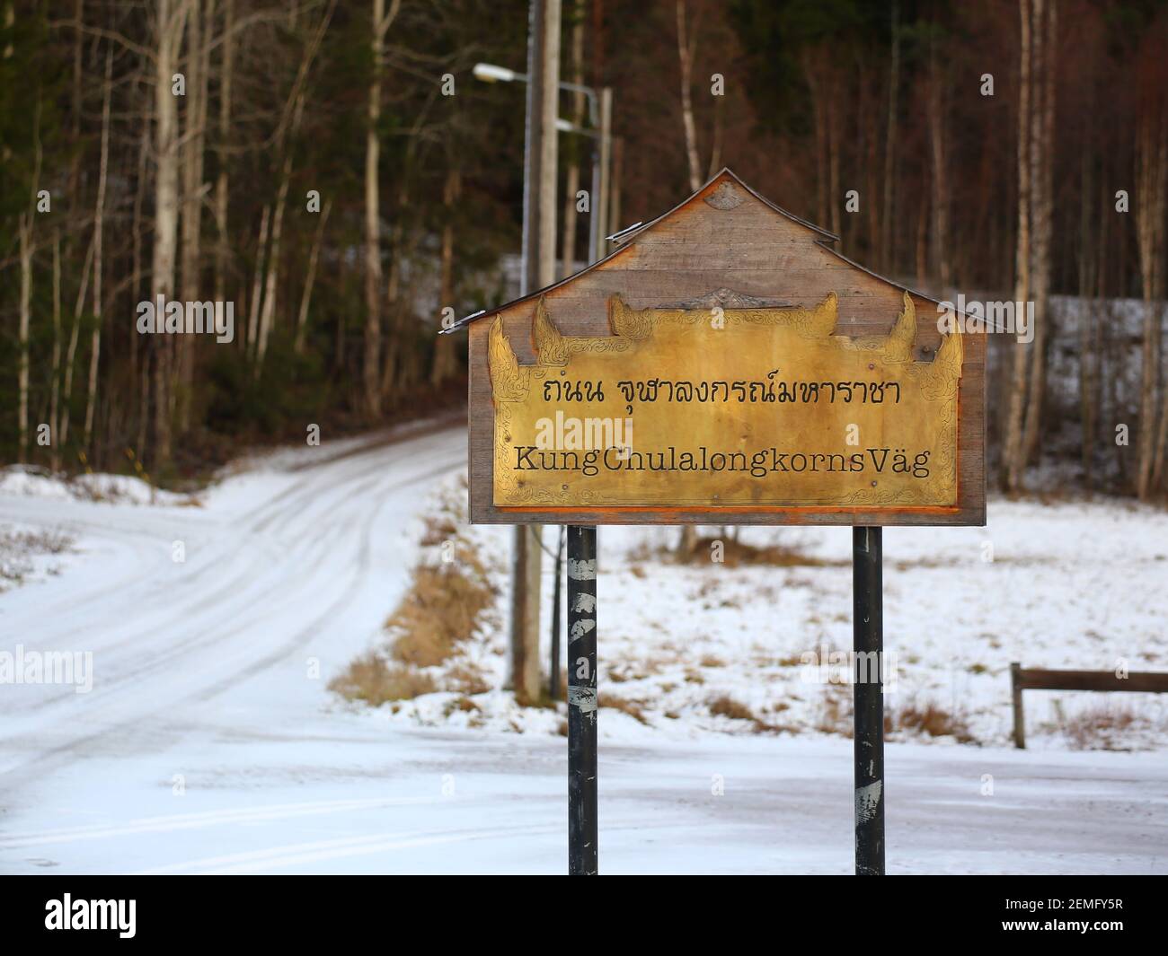 Cartello stradale placcato oro con il nome della strada Kung Chulalongkorns VAG in tailandese e svedese. Foto Stock