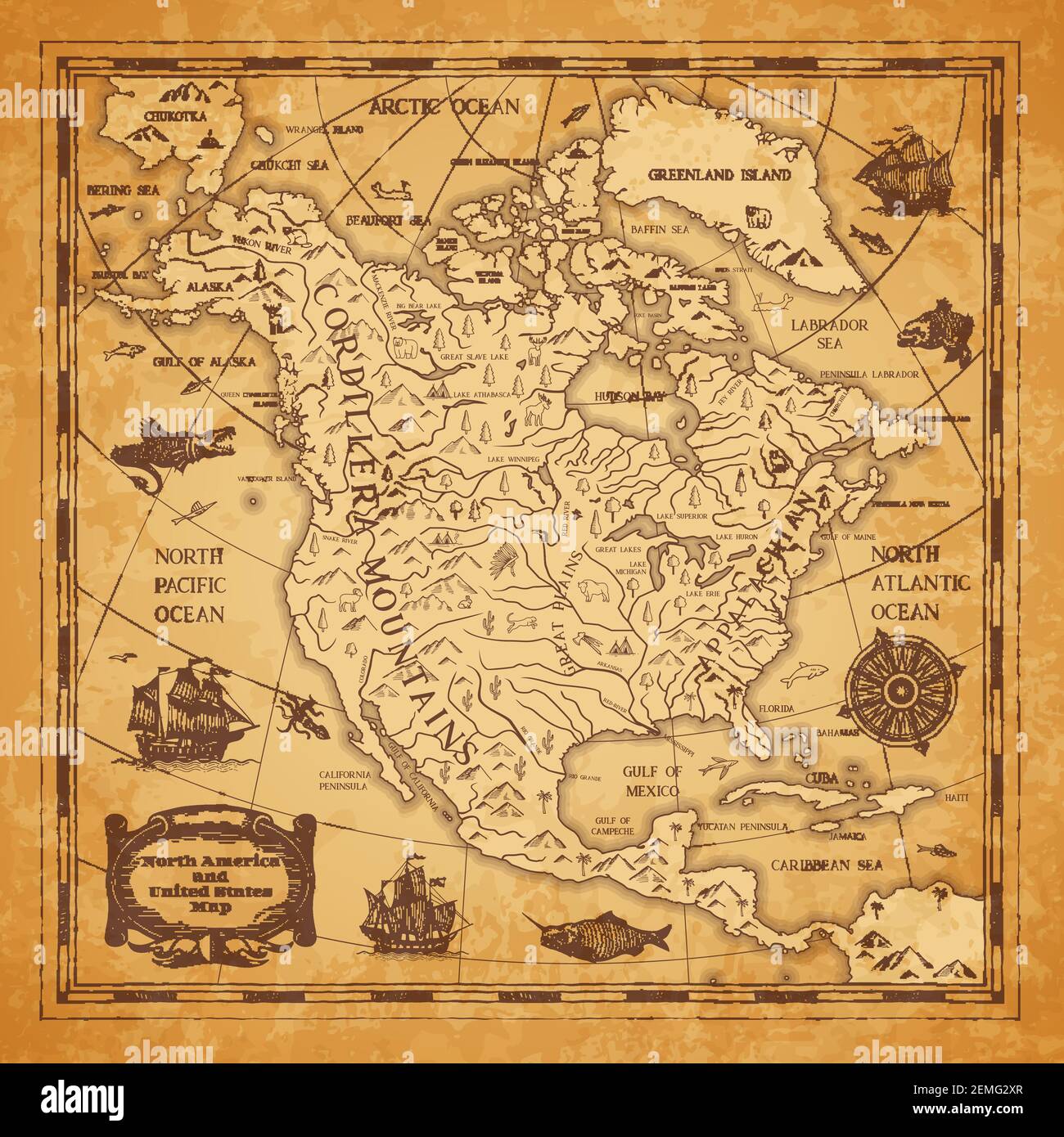 Continente Nord America antica mappa con catene montuose, fiumi e laghi nomi, mitologiche bestie marine, vettore medievale caravello nave. Stati Uniti Illustrazione Vettoriale