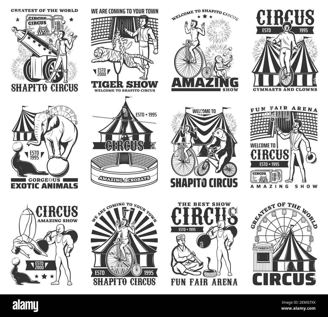Big Top tenda circo spettacoli incisi vettore icona set. Tiger tamer e serpente charmer, mago, clown, uomo forte e uniciclista, acrob aereo hoop Illustrazione Vettoriale