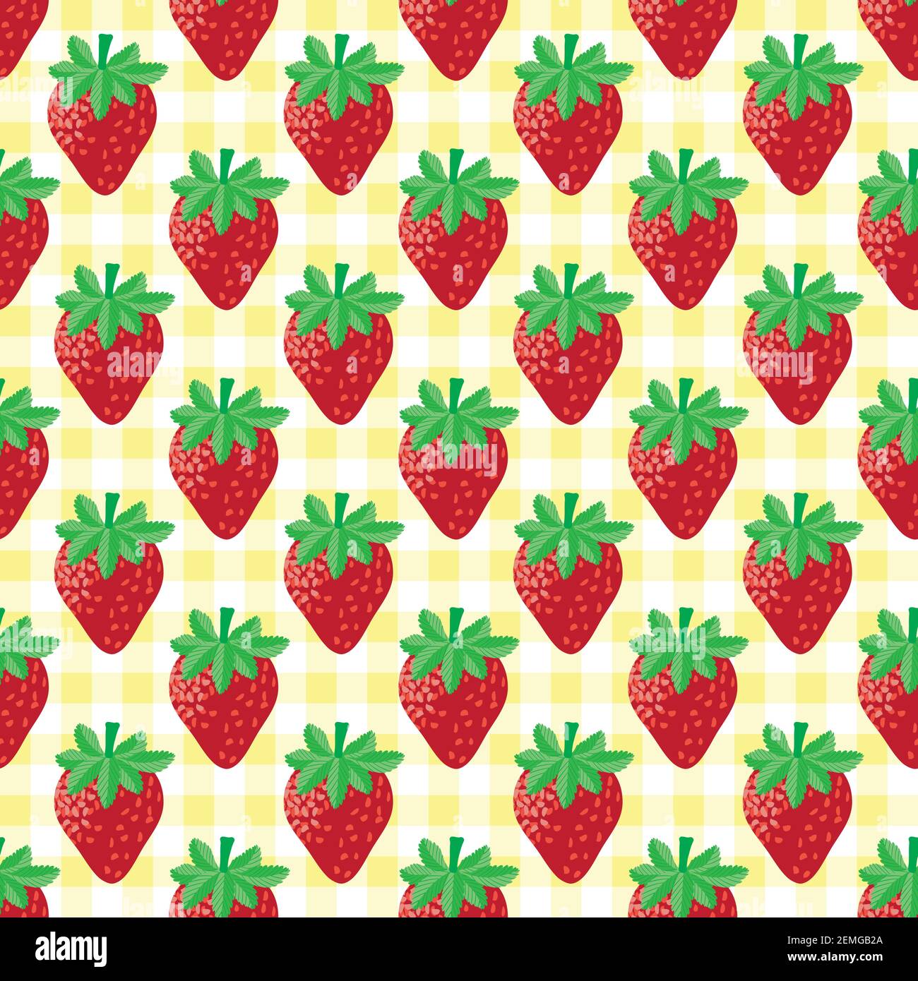 Fragola matura motivo vettoriale senza giunture sfondo.effetto acquerello pittorico bacche rosse Su giallo gingham sfondo.Garden frutta tutta la stampa per Illustrazione Vettoriale