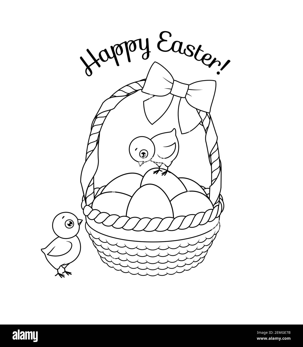 Pulcini carini con cestino pieno di uova di Pasqua. Immagine vettoriale in bianco e nero per colorare la pagina del libro. Illustrazione Vettoriale