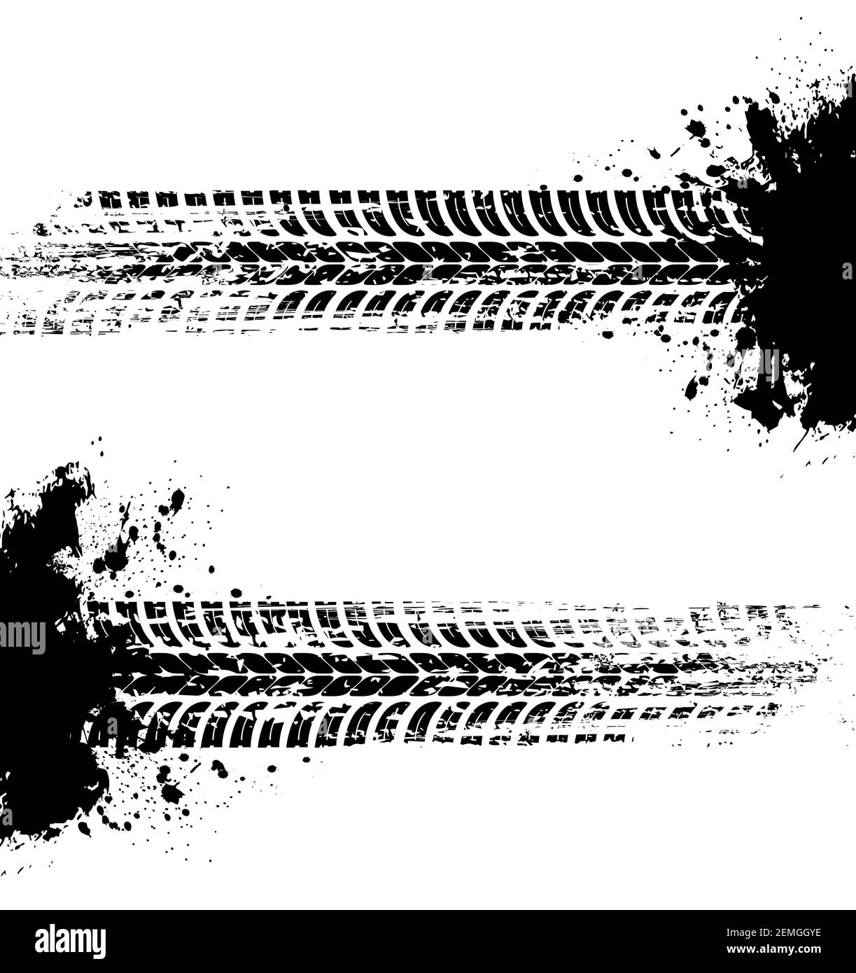 Impronte di pneumatici, tracce di pneumatici auto segni vettoriali grunge isolati. Fuoristrada auto o moto gara, ruote veicolo traccia con astratti punti sporchi. Pennello monocromatico Illustrazione Vettoriale