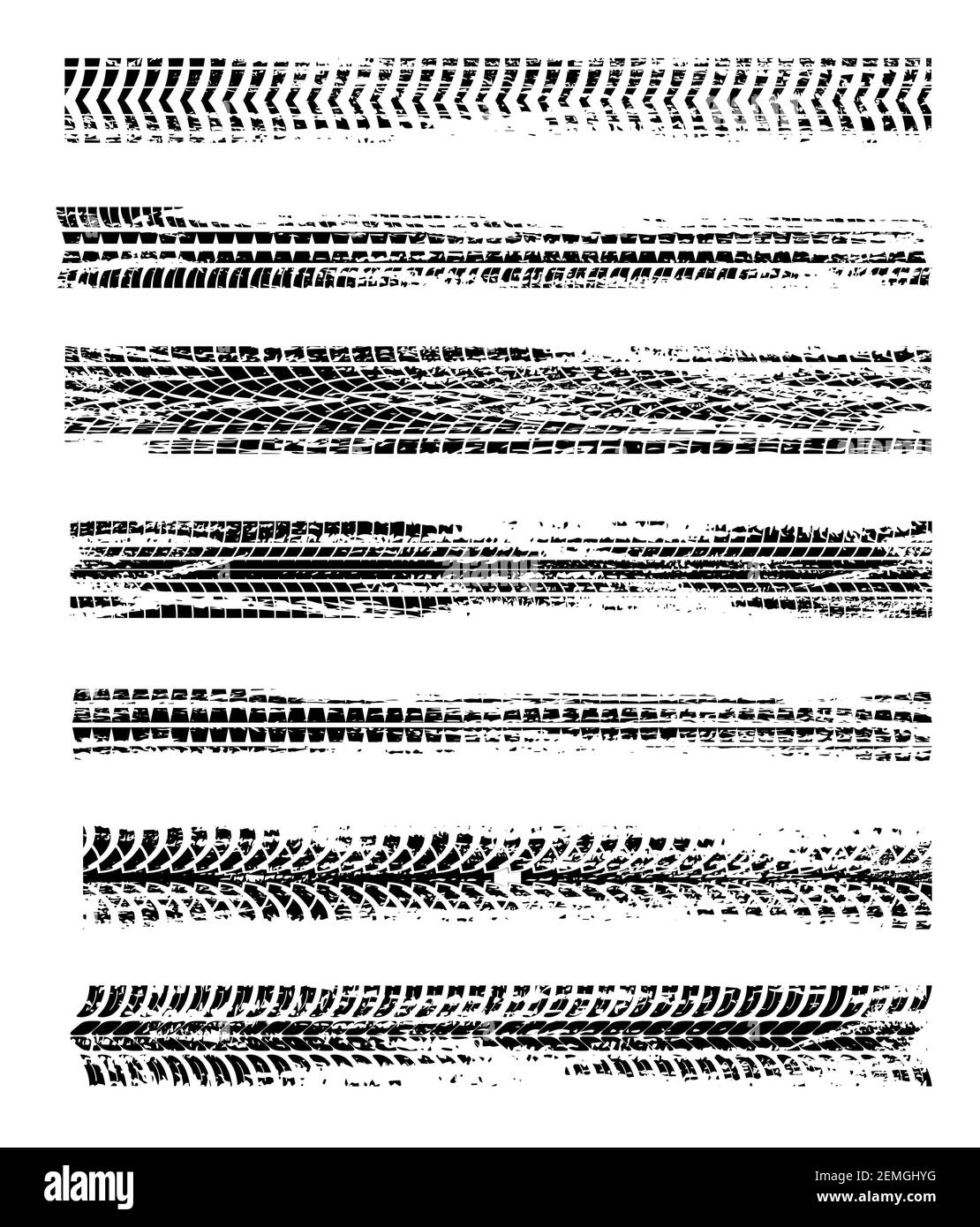 Le stampe dei pneumatici, le gomme automobilistiche tracciano i segni vettoriali di grunge isolati. Auto o moto gara, veicolo, trasporto ruote sporche traccia. Monochro astratto Illustrazione Vettoriale