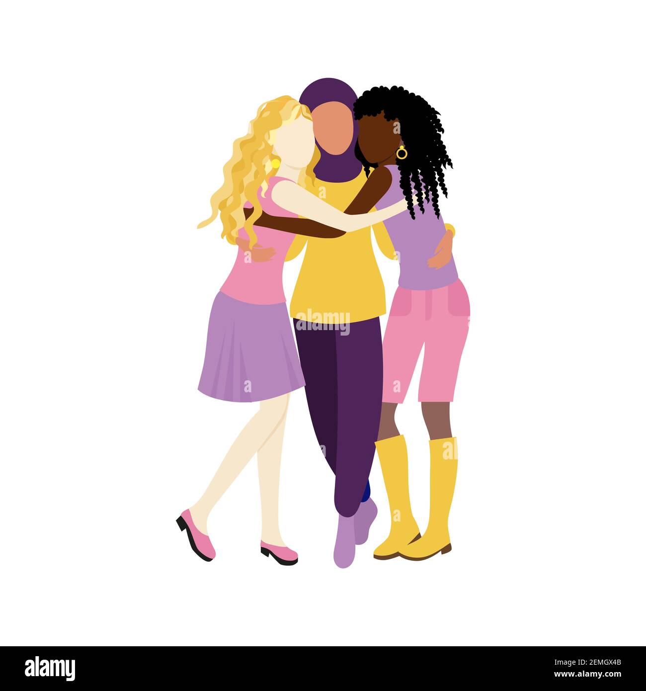 Girlfriends ragazze insieme, abbracciarsi. Donne libere e sicure. Design piatto. Vettore Illustrazione Vettoriale
