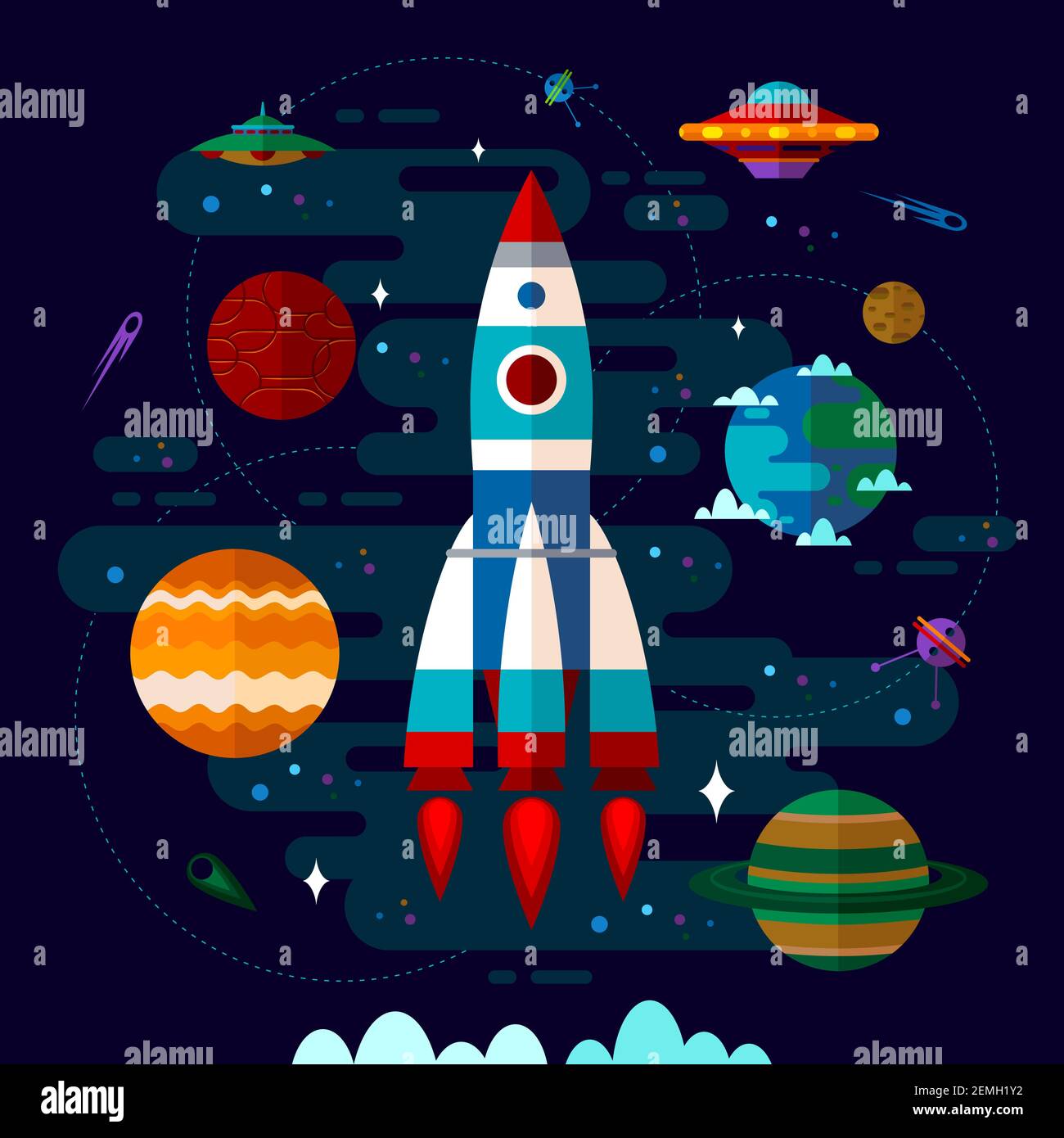 Elementi vettoriali a spazio piatto: Spaceship, pianeta, satellite. Illustrazione Vettoriale