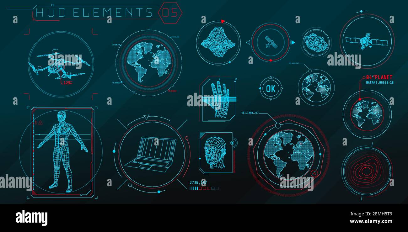 Una serie di elementi di scansione 3D HUD per un'interfaccia futuristica. Illustrazione Vettoriale