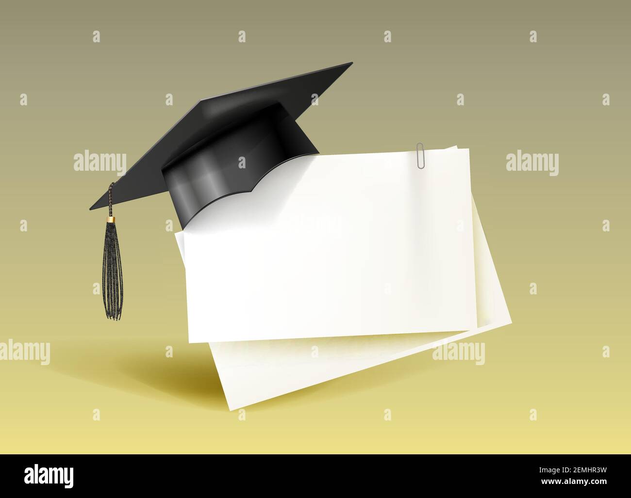 Berretto nero per studenti didattici e vuoto. Diploma universitario, liceo o superiore universitario. Illustrazione Vettoriale