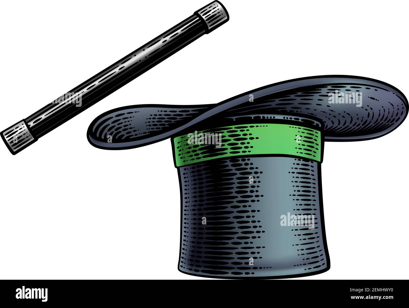 Magic Wand e Magician Top Hat Woodcut disegno Illustrazione Vettoriale