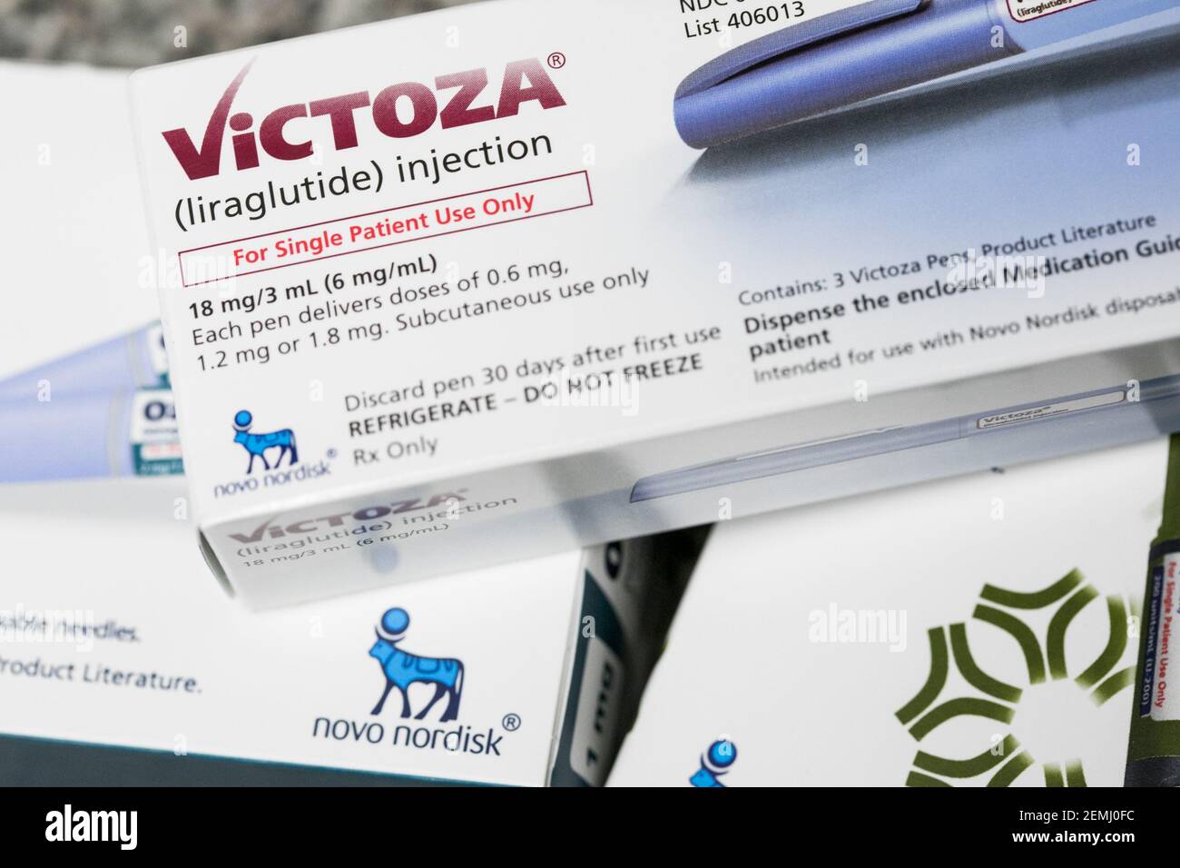 Un pacchetto di iniettori Victoza (liraglutide), prodotti da Novo Nordisk,  prodotti farmaceutici su prescrizione fotografati in una farmacia a  Remington, Virginia, il 26 febbraio 2019. (Foto di Kristoffer  Tripplaar/Sipa USA Foto stock -
