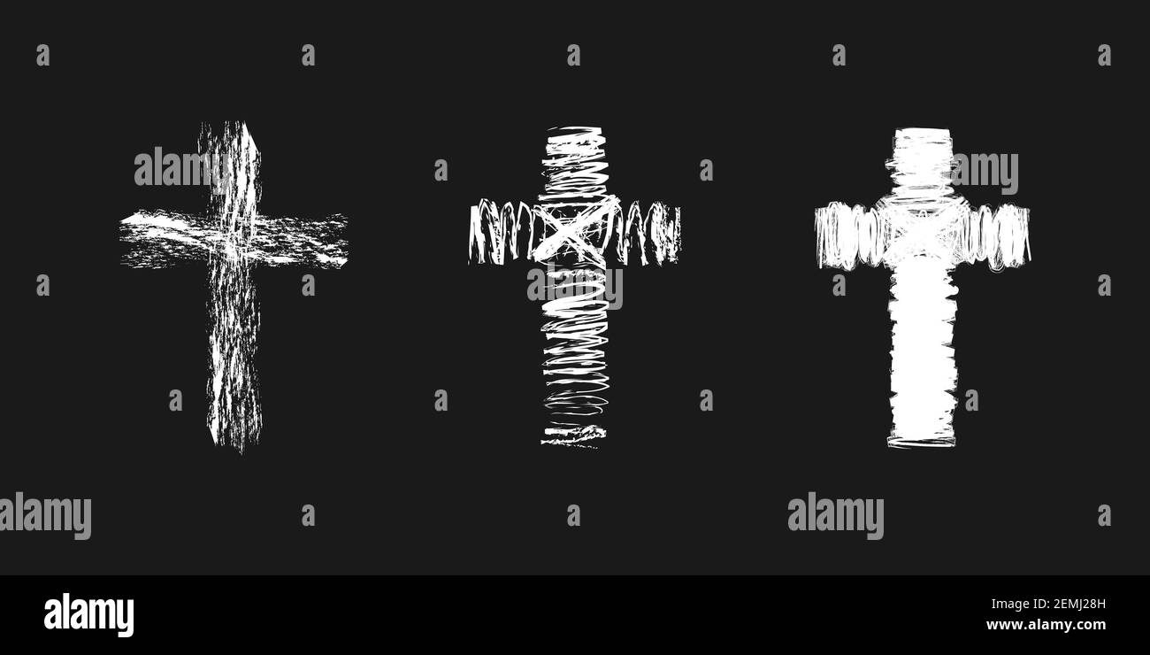 Concetto trasversale nello stile di spazzolatura. Logo vettoriale chiesa cristiana. Set di crocifissi bianchi. Simboli religiosi. Nastro grafico isolato astratto des Illustrazione Vettoriale