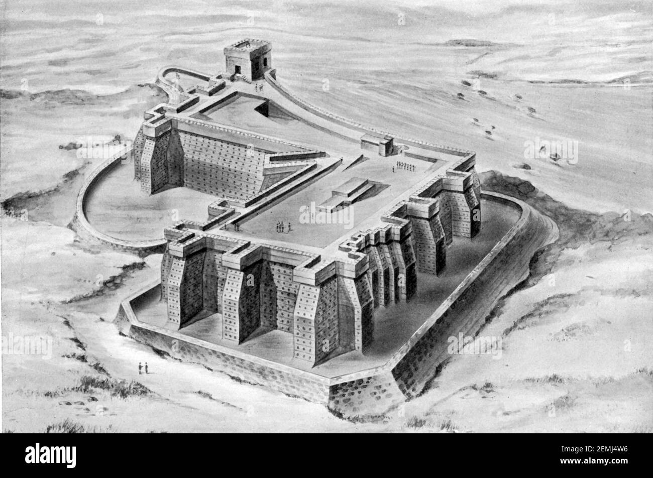 Un'illustrazione dei primi del XX secolo della fortezza di Semna Ovest o Semna Gharb a sud di Wadi Halfa in antico Egitto fondato nel regno di Senusret i (1965–1920 a.C.) Sulla riva occidentale del Nilo Foto Stock