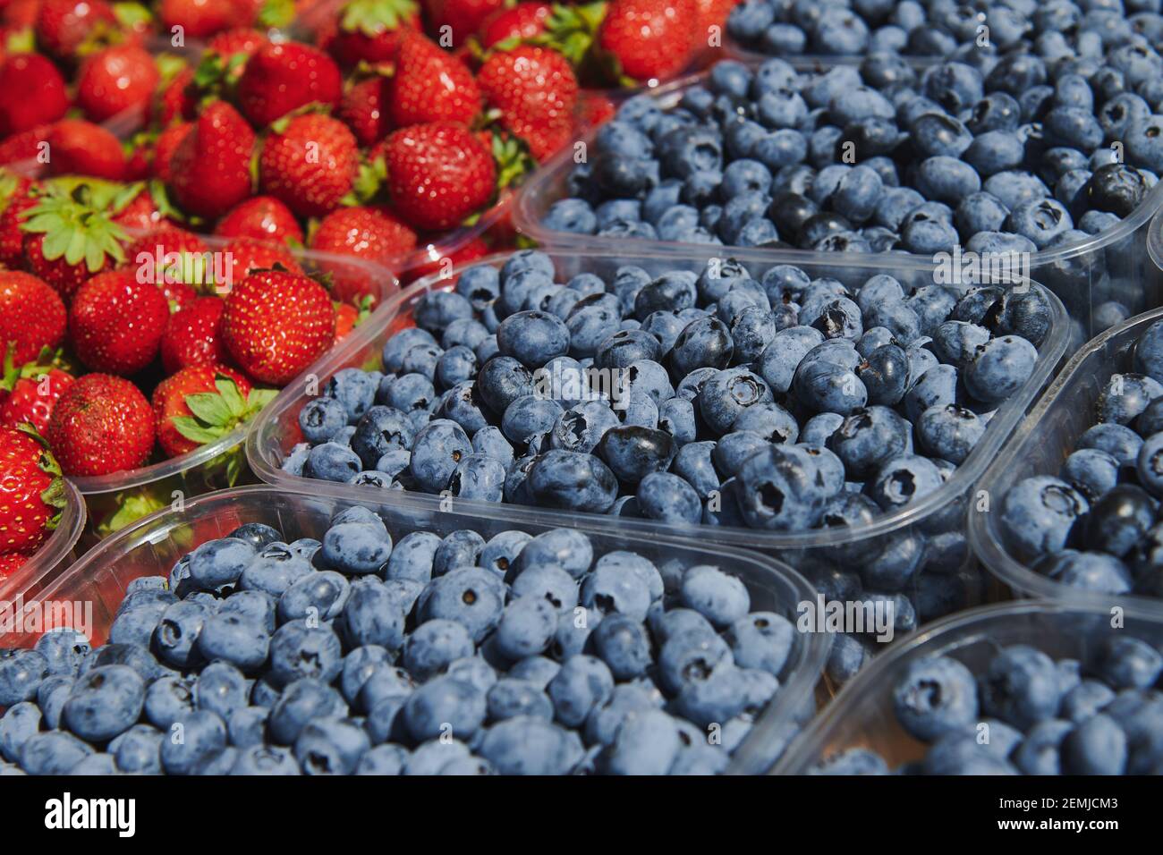 Scatole di plastica con mirtilli e fragole al mercato in una giornata di sole. Prodotti agricoli. Foto Stock