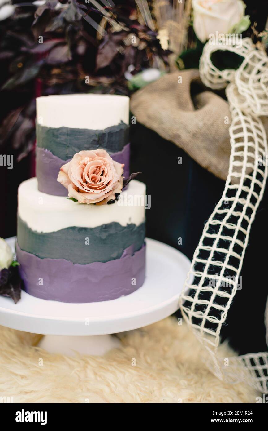 Closeup di torta nuziale con rose rosa chiaro, ganache viola contro ambiente rustico Foto Stock