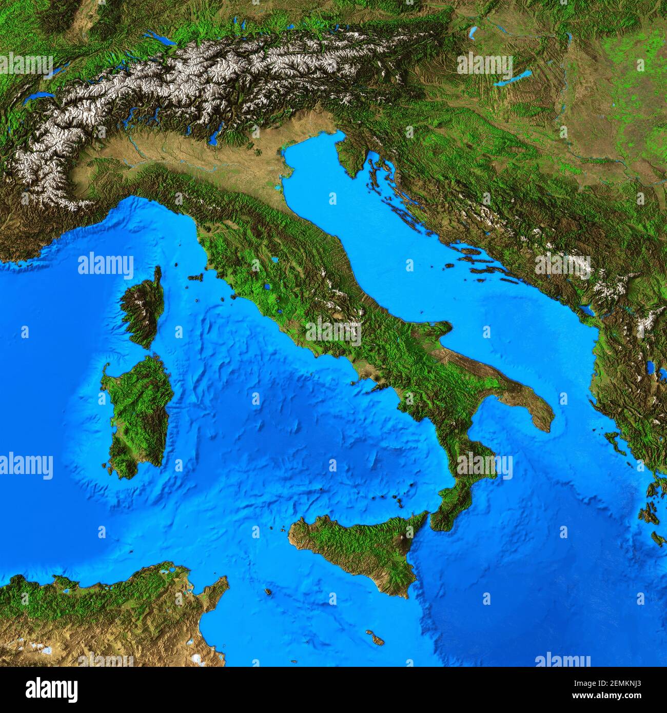 Mappa fisica dell'Italia e della regione italiana. Vista in piano del pianeta Terra e delle sue forme - elementi arredati dalla NASA Foto Stock
