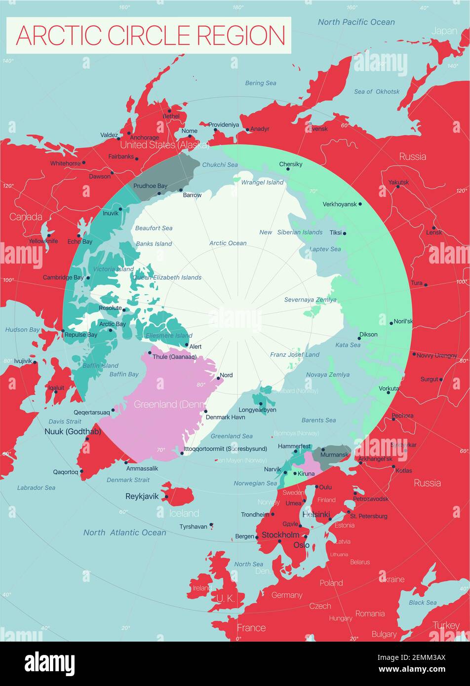 Regione del Circolo polare Artico Mappa dettagliata modificabile con regioni città e città, siti geografici. File vettoriale EPS-10 Illustrazione Vettoriale