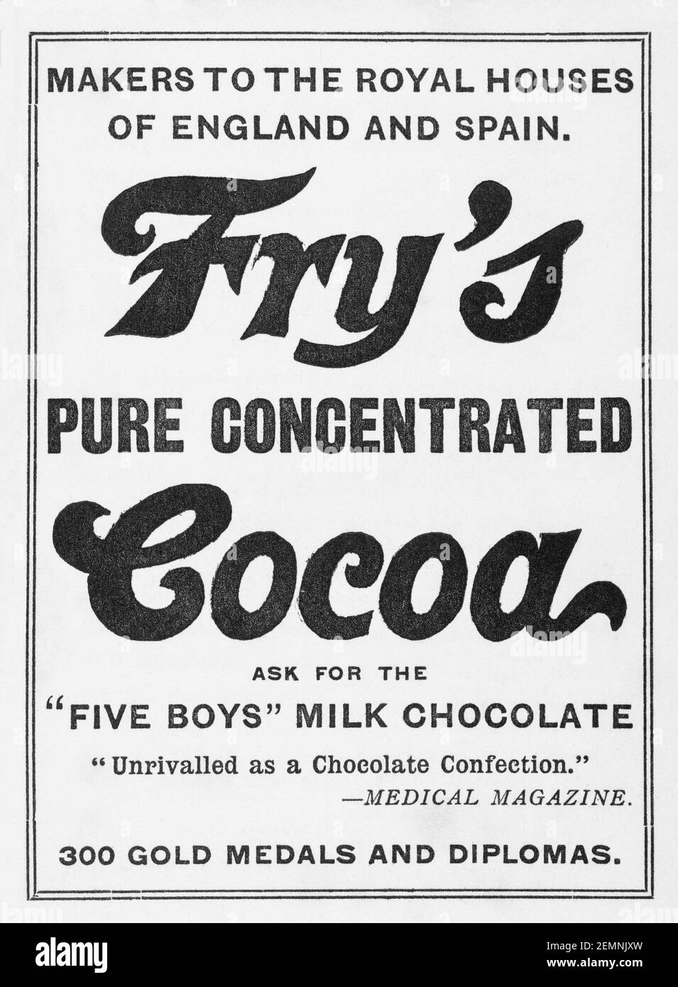 Il vecchio vittoriano ha stampato l'annuncio di cioccolato di Fry dal 1905 - prima dell'alba degli standard pubblicitari. Storia del cioccolato. Foto Stock