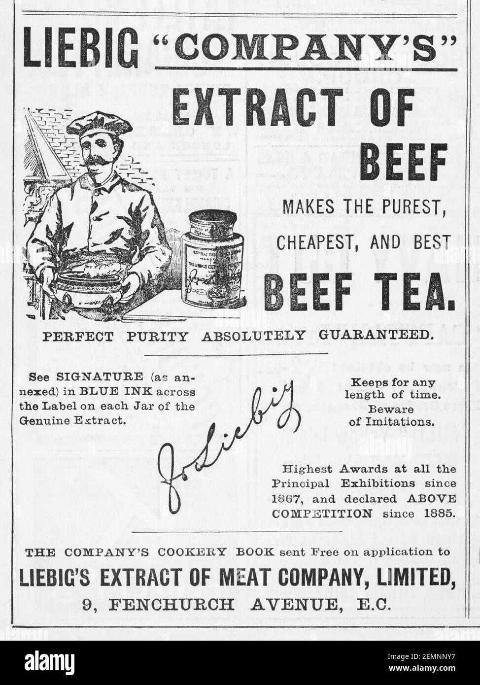 Estratto di manzo vecchio vittoriano Liebig & pubblicità del tè di manzo dal 1894 - prima dell'alba degli standard pubblicitari. Storia di pubblicità, annunci di cibo vecchio. Foto Stock