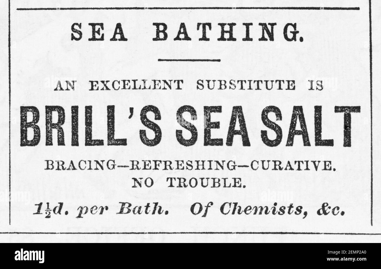 Vecchia rivista vittoriana giornale Brilla's Sea Salt pubblicità dal 1883 - prima dell'alba degli standard pubblicitari. Storia della medicina. Foto Stock