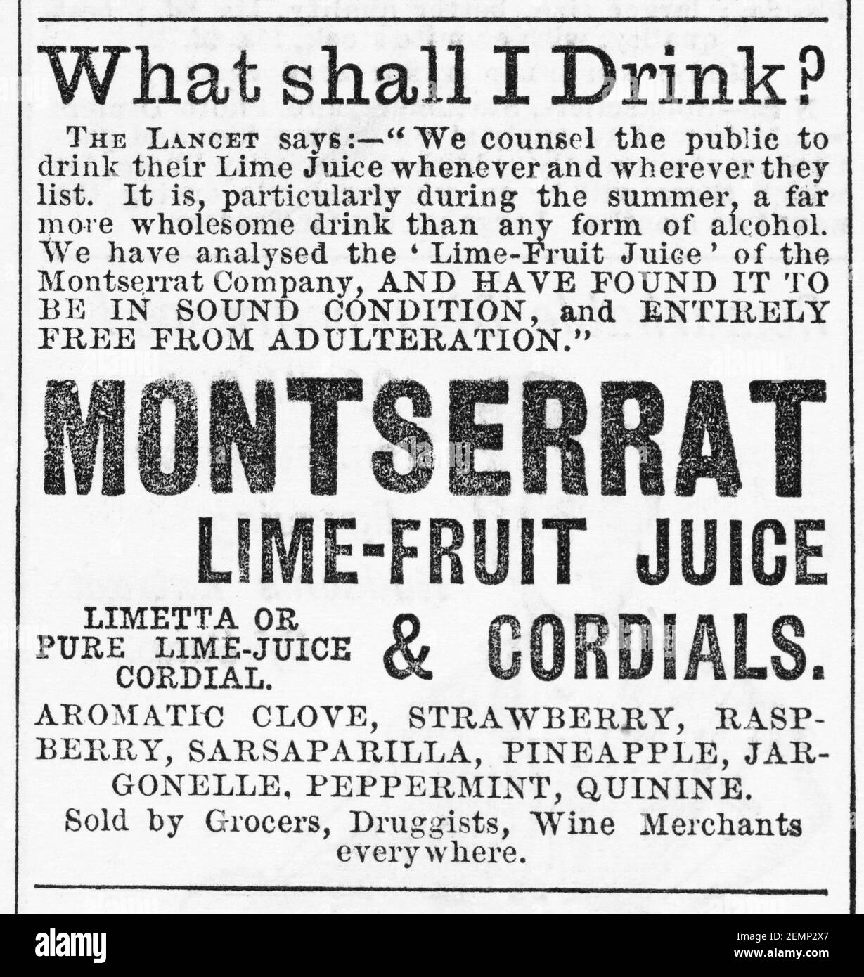 Vecchia rivista vittoriana giornale Montserrat Lime cordiale pubblicità alimentare dal 1883 - prima dell'alba degli standard pubblicitari. Storia della pubblicità. Foto Stock
