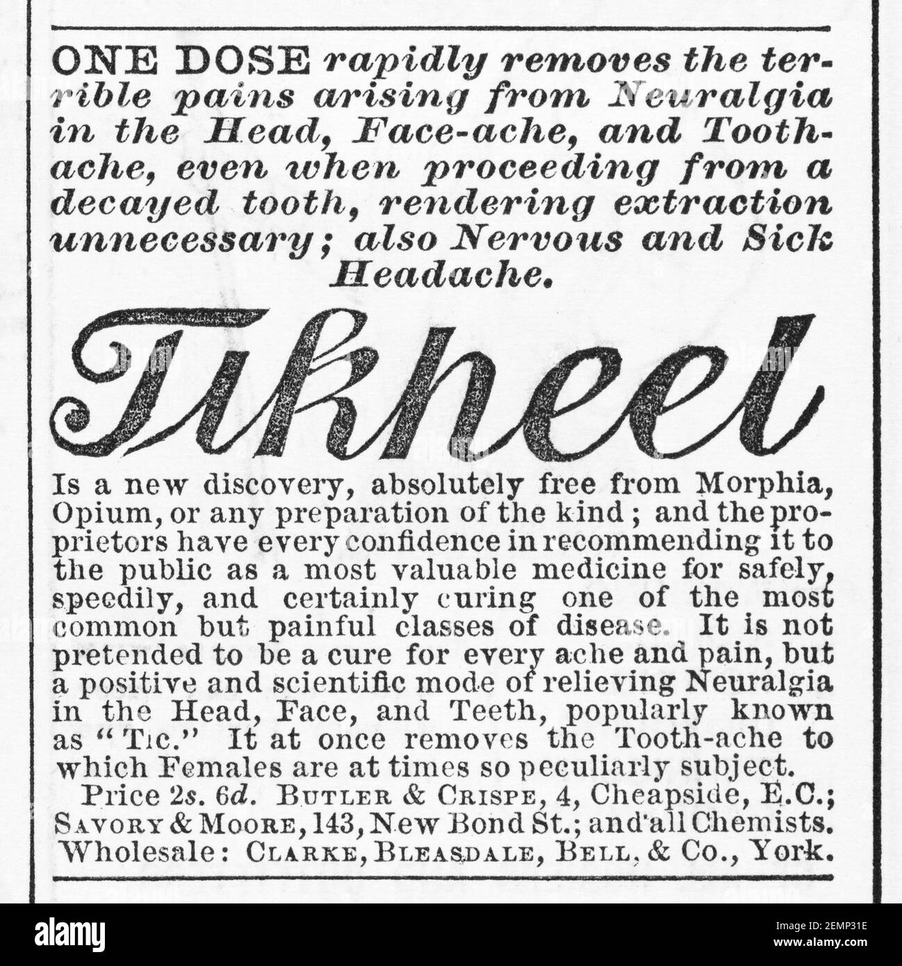 Vecchia rivista vittoriana carta da giornale Tikheel miracolo cura pubblicità da 1883 - prima degli standard pubblicitari. Storia della medicina e della pubblicità. Foto Stock