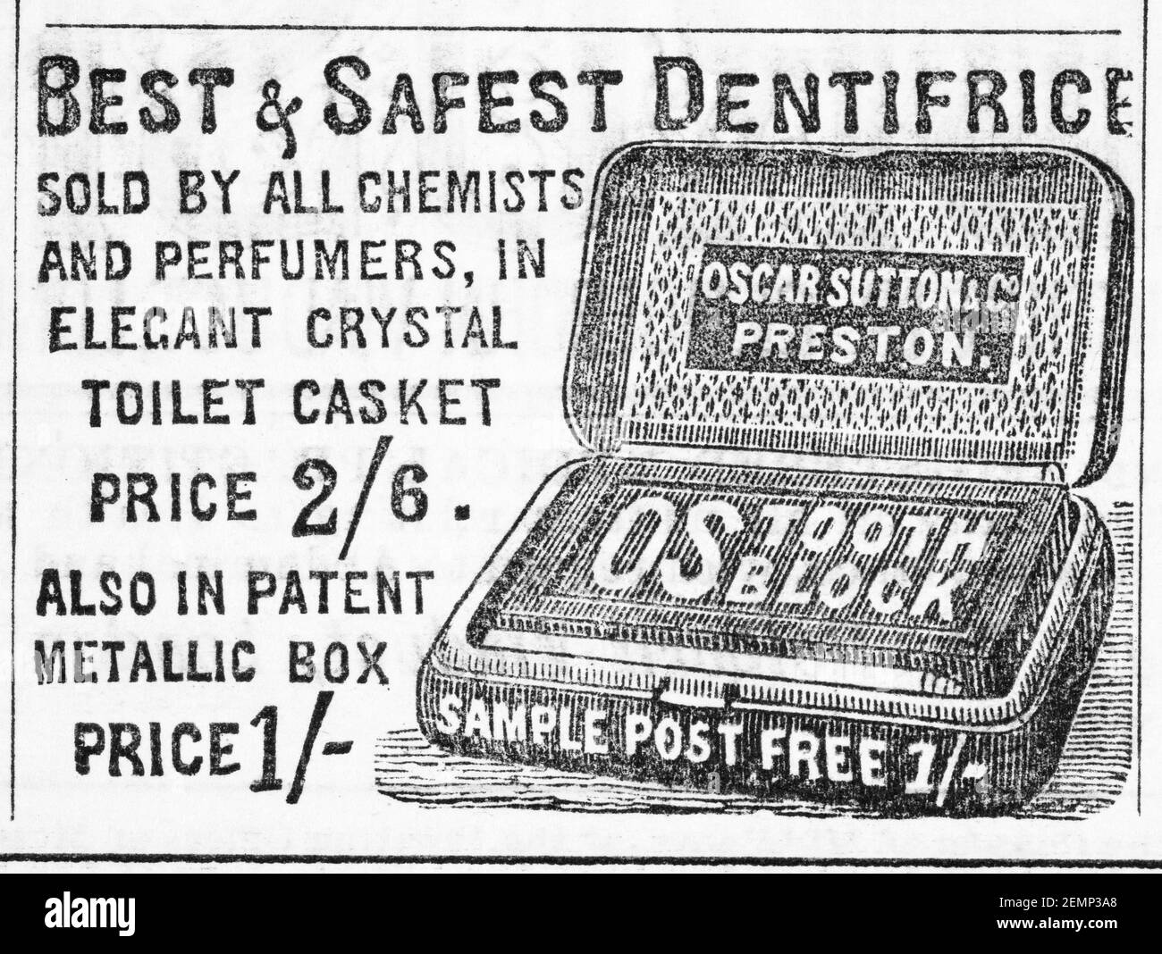 Vecchia rivista vittoriana carta da giornale Oscar Sutton & Co. Dentifricio spot da 1883 - prima dell'alba degli standard pubblicitari. Pubblicità dentale. Foto Stock