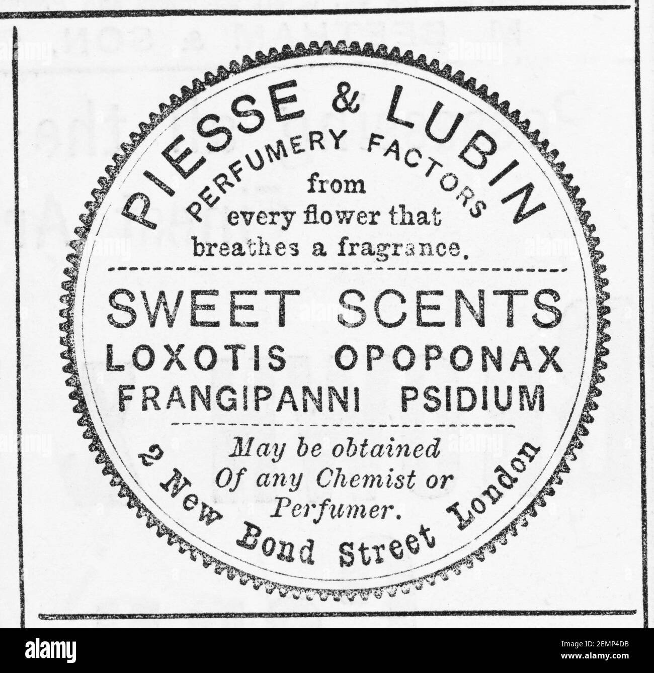 Vecchia rivista vittoriana carta da giornale Presse & Lubin profumo spot dal 1887 - prima dell'alba degli standard pubblicitari. Foto Stock