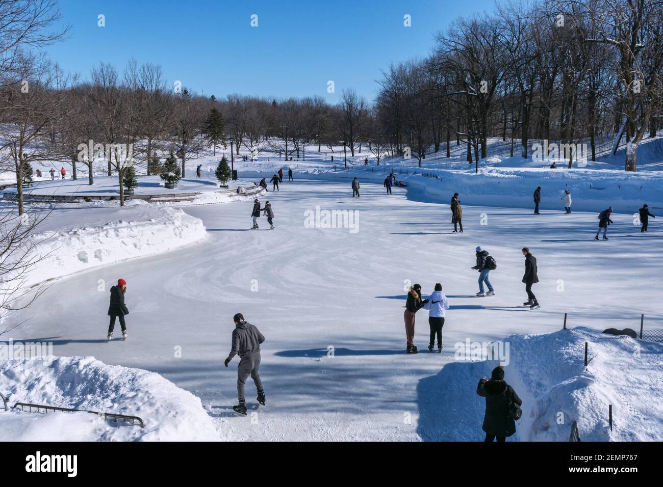 Montreal, CA - 4 febbraio 2021: Persone che pattinano sulla pista di pattinaggio refrigerata in cima al Monte Royal Foto Stock