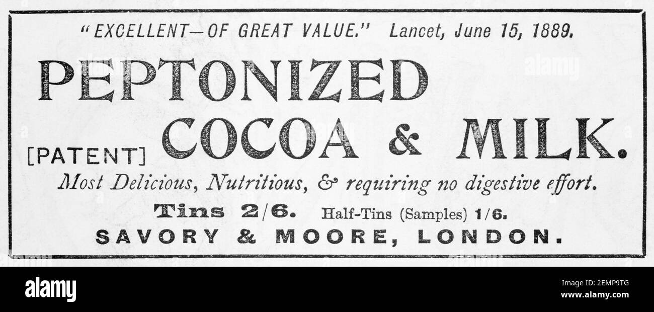 Vecchia rivista vittoriana giornale carta cioccolato Savory & Moore spot dal 1894 - prima dell'alba degli standard pubblicitari. Storia della medicina. Foto Stock