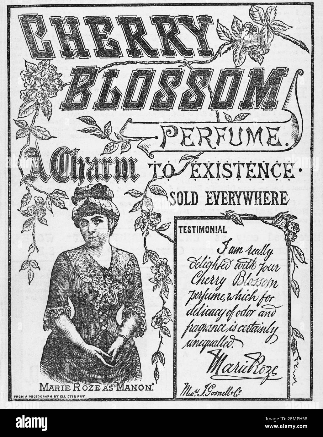 Vecchia rivista vittoriana giornale carta Cherry Blossom profumo pubblicità da 1887 - prima dell'alba degli standard pubblicitari. Storia del profumo. Foto Stock