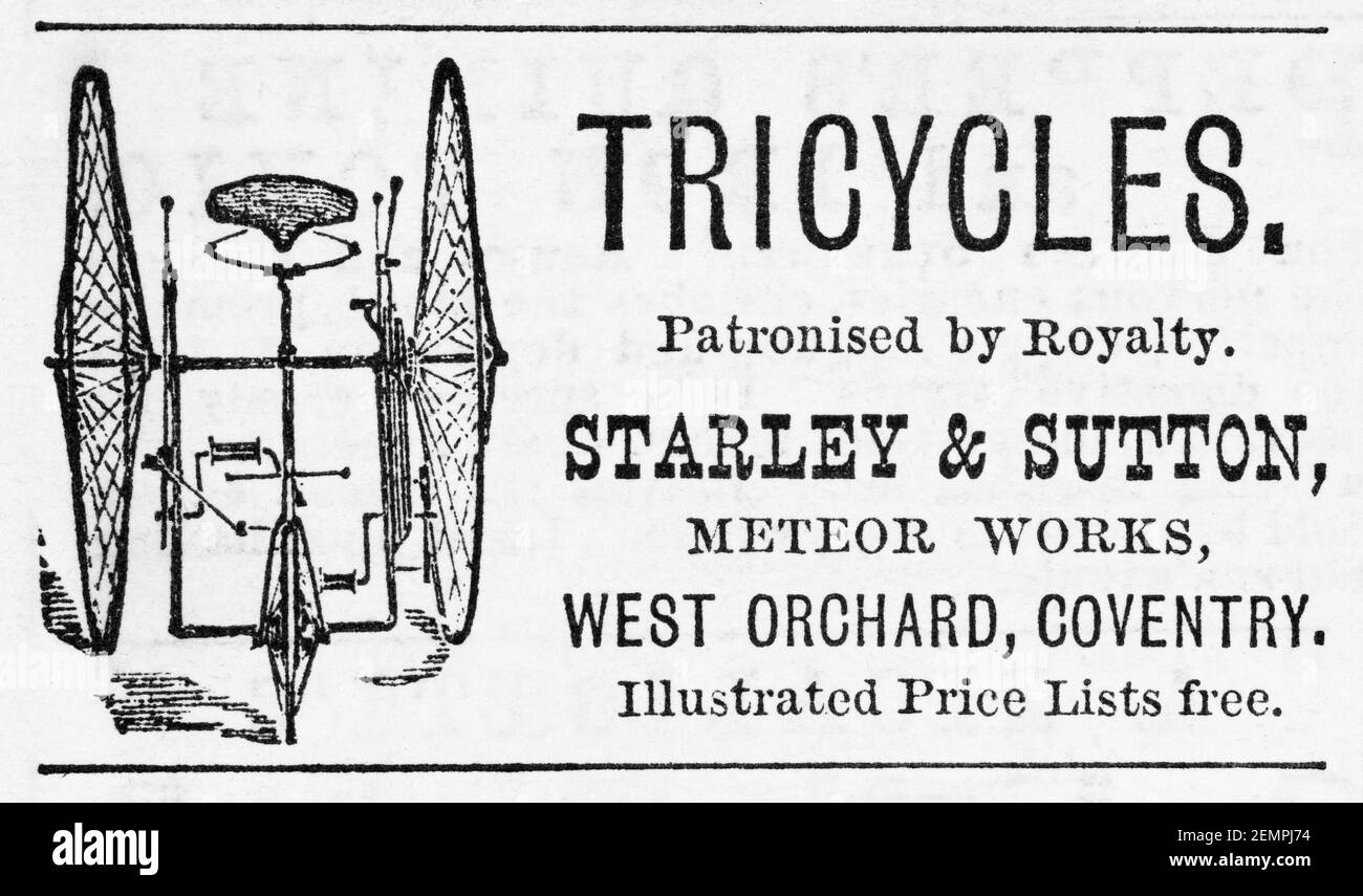 Vecchio spot ciclistico triciclo dal 1890 - prima dell'alba degli standard pubblicitari. Storia della pubblicità, vecchi annunci pubblicitari, storia della pubblicità, ciclismo. Foto Stock