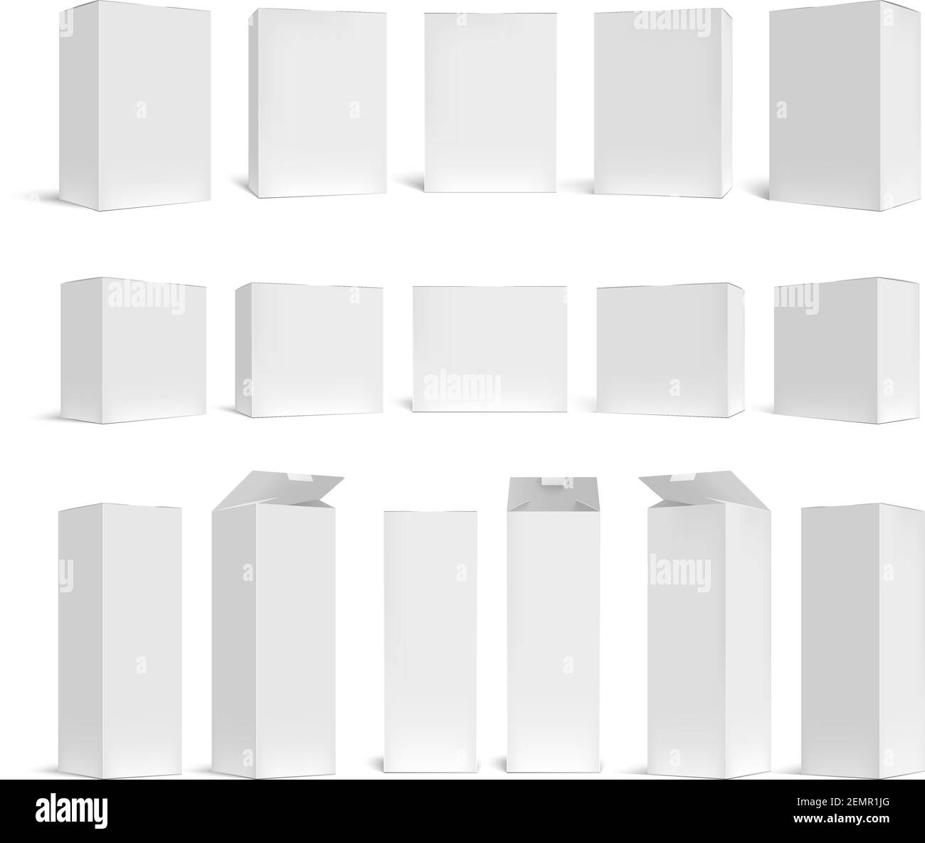 Mockup di scatole bianche. Confezione vuota 3d in modelli di varie dimensioni. Confezioni di cartone per cosmetici, farmaci modelli vettoriali Illustrazione Vettoriale