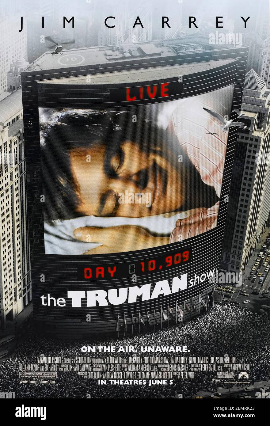 The Truman Show (1998) diretto da Peter Weir e interpretato da Jim Carrey, ed Harris e Laura Linney. Una commedia fantastica su un venditore di assicurazioni che scopre tutta la sua vita è stata filmata come un reality show televisivo. Foto Stock